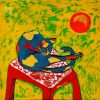 Leisure Cat - Vietnamese Lacquer Painting by Artist Sy Hieu