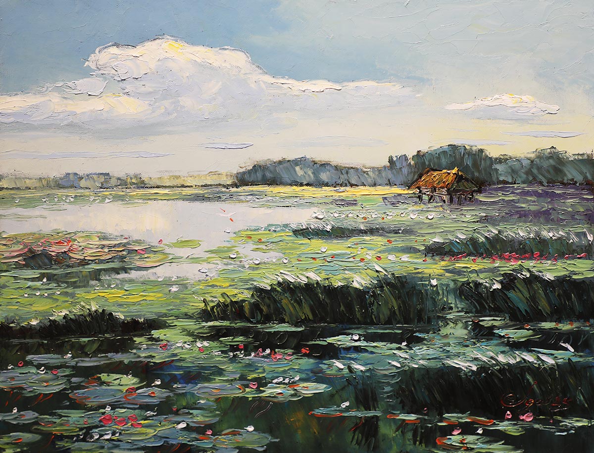 Pond in Autumn IX - Vietnamese Oil Painting by Artist Dang Dinh Ngo