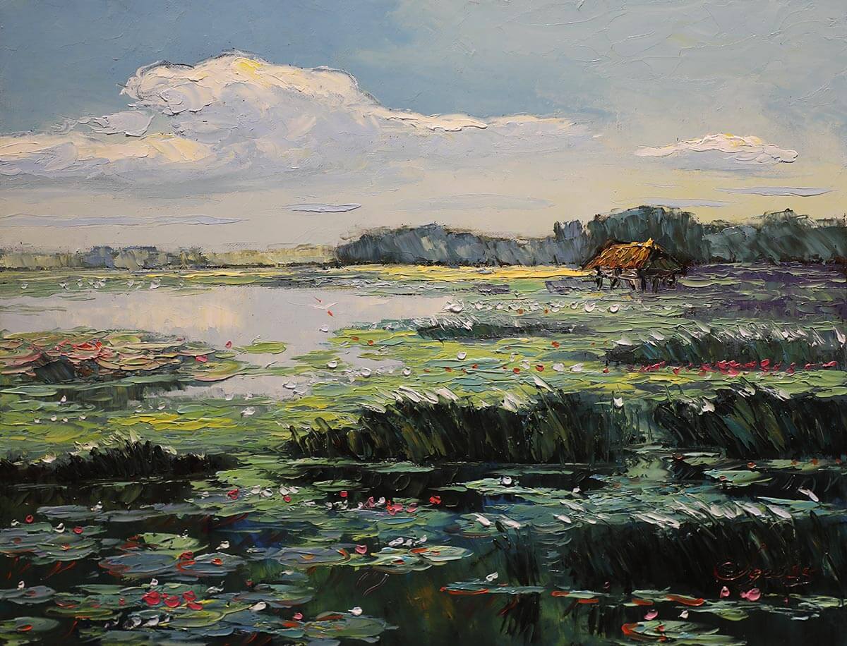 Pond in Autumn IX - Vietnamese Oil Painting by Artist Dang Dinh Ngo