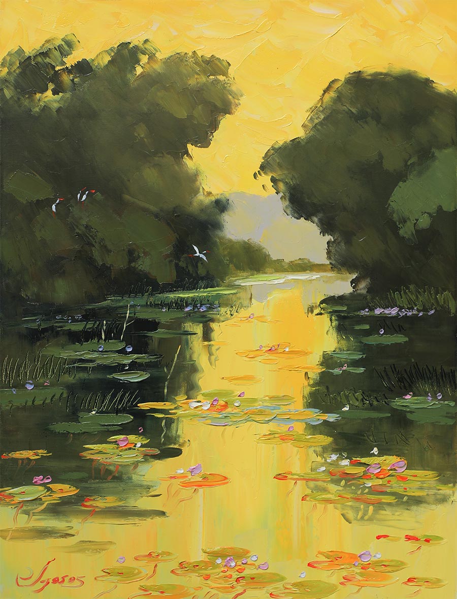 Pond in Autumn X - Vietnamese Oil Painting by Artist Dang Dinh Ngo
