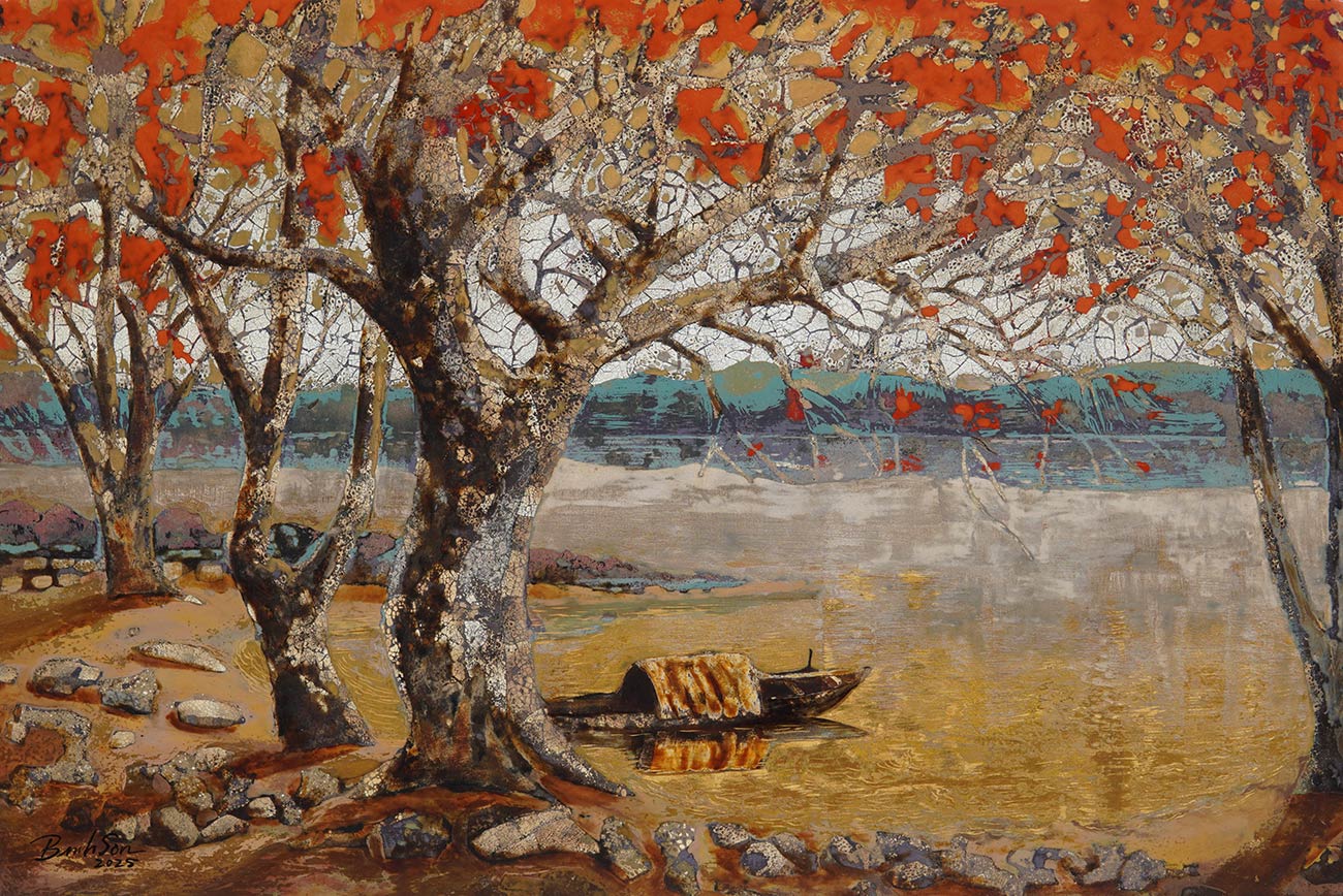 The Old Ferry Wharf - Vietnamese Lacquer Painting by Artist Nguyen Binh Son