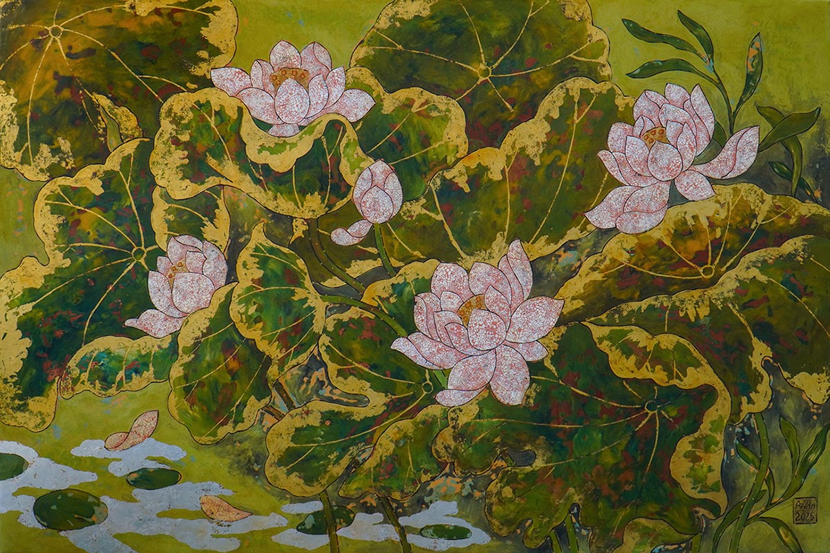 Serenity in the Lotus Garden - Vietnamese Lacquer Painting by Artist Chau Ai Van