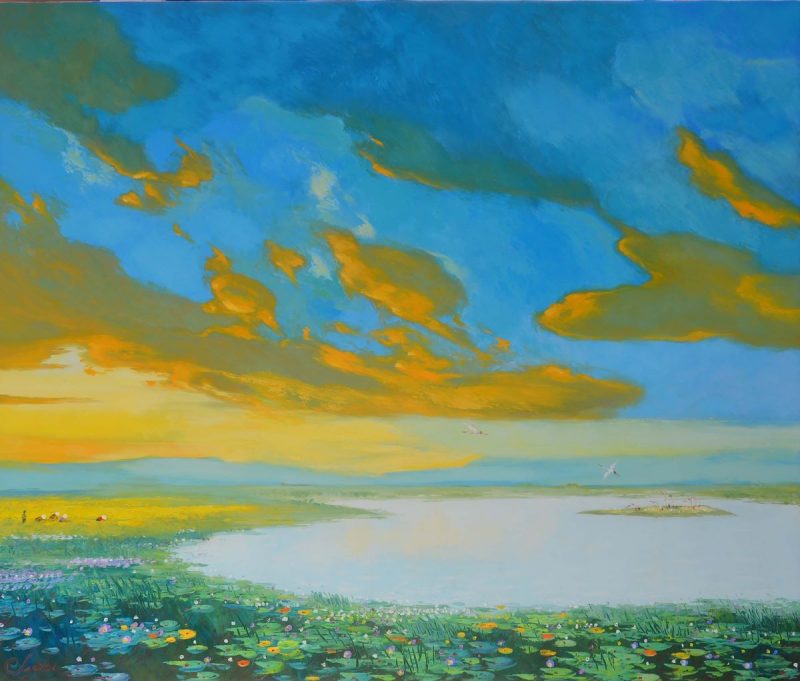Blue Sunset - Vietnamese Oil Painting Landscape by Artist Dang Dinh Ngo