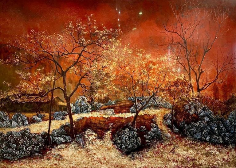 Buckwheat Flower Vietnamese Lacquer Painting by Artist Trinh Que Anh