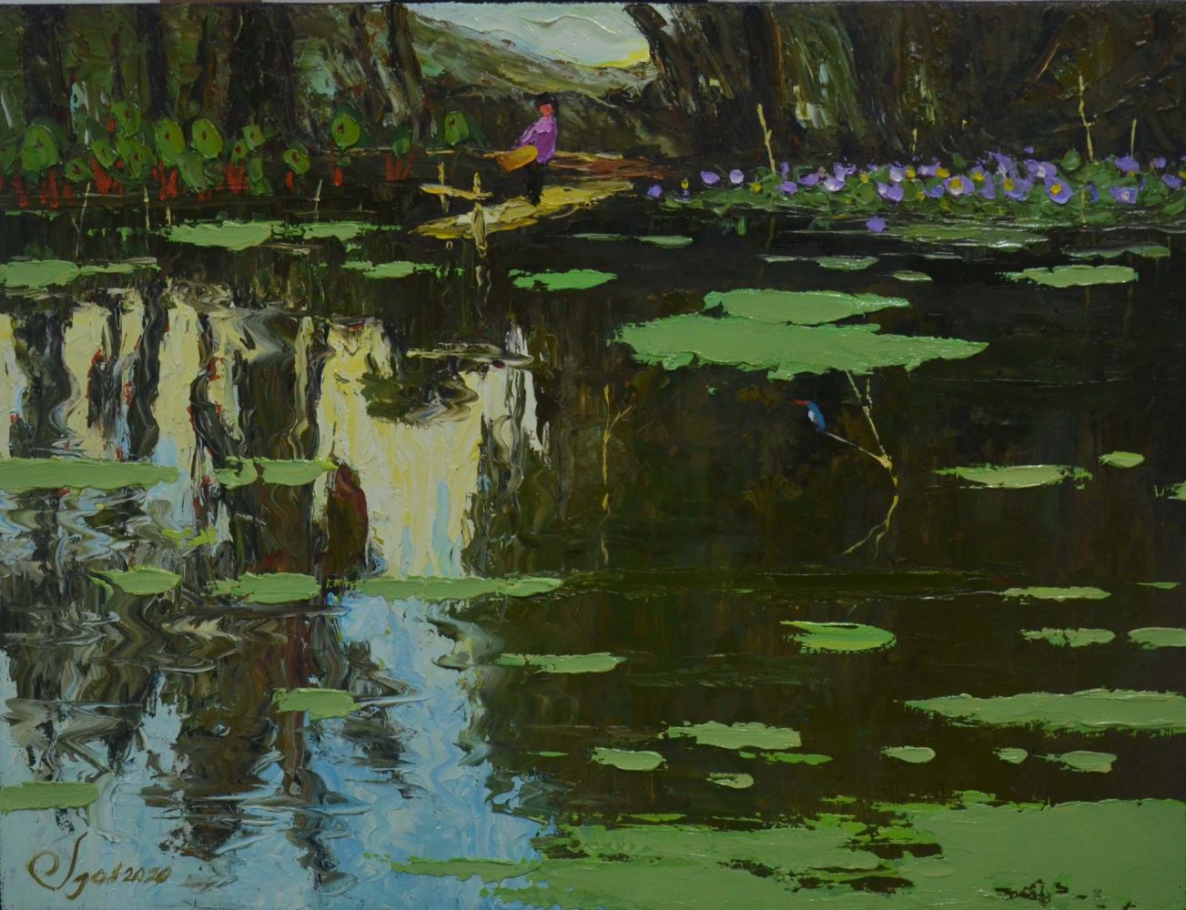 By the Pond's Shore II - Vietnamese Oil Painting Landscape by Artist Dang Dinh Ngo