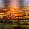 Long Bien Bridge - Vietnamese Lacquer Painting by Artist Trinh Que Anh