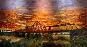 Long Bien Bridge - Vietnamese Lacquer Painting by Artist Trinh Que Anh