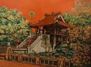 One Pillar Pagoda - Lacquer Painting by Artist Nguyen Van Nghia