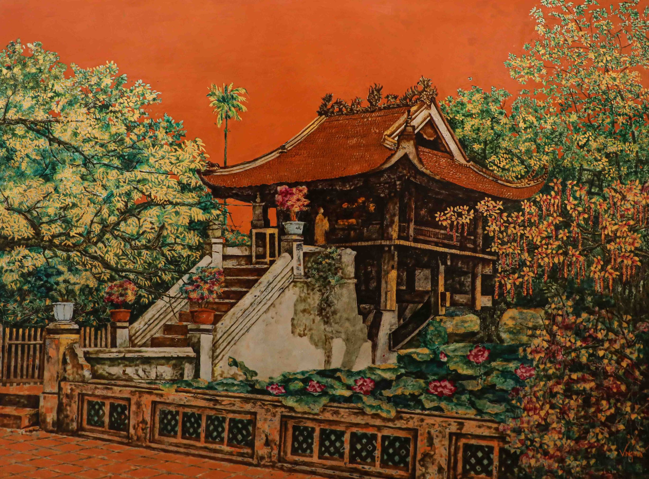 One Pillar Pagoda - Lacquer Painting by Artist Nguyen Van Nghia