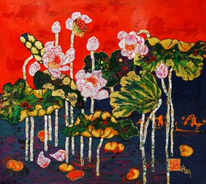 Lotus At Night - Vietnamese Lacquer Painting by Artist Sy Hieu