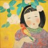 Girl & Sparrow - Vietnamese Lacquer Paintings by Artist Dang Hien