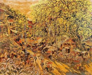 Hang Buom Street II - Vietnamese Lacquer Painting by Artist Nguyen Hong Giang