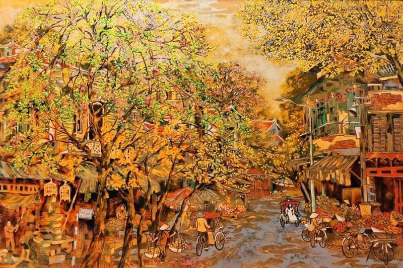 hang manh street - vietnamese lacquer on wood paintings