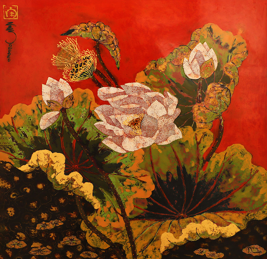 Noble - Vietnamese Lacquer Paintings of Flower by Artist Tran Thieu Nam