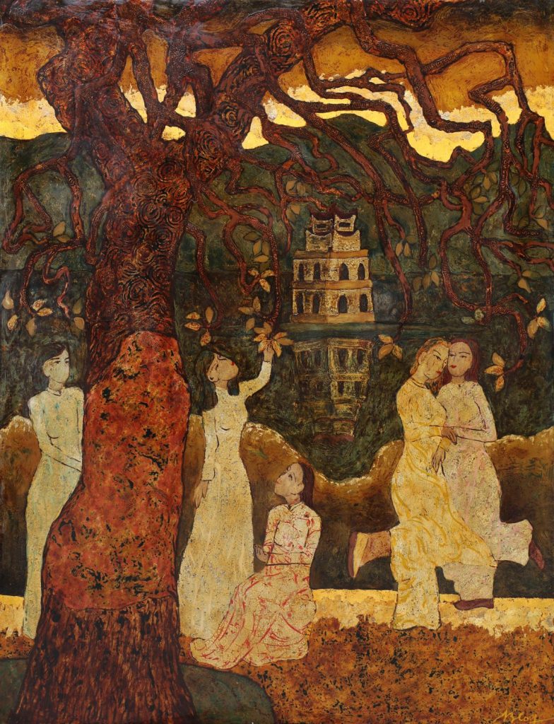 Ladies by the Lake Vietnamese Lacquer Painting by Artist Ngo Ba Cong