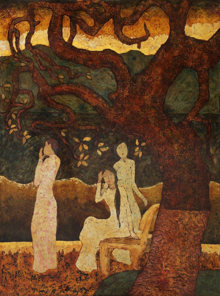 Ladies by the Lake Vietnamese Lacquer Painting by Artist Ngo Ba Cong