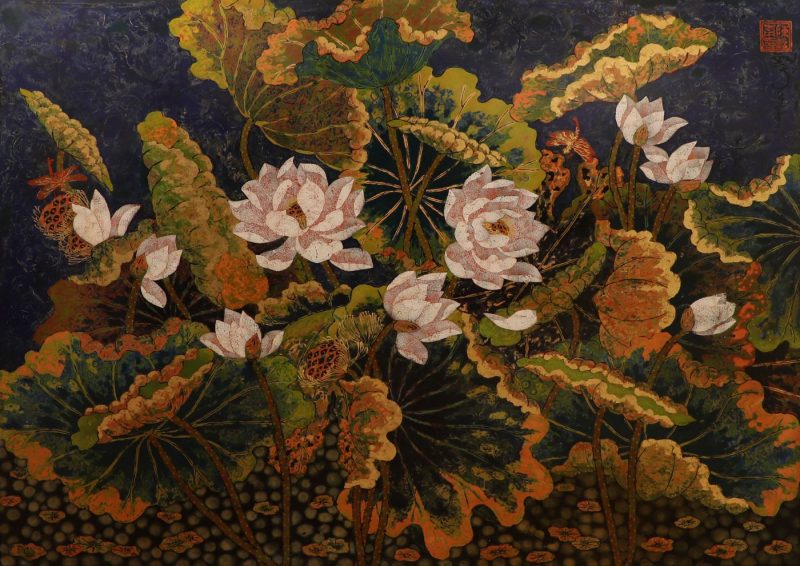 Lotus XVII - Vietnamese Lacquer Paintings Flower by Artist Tran Thieu Nam