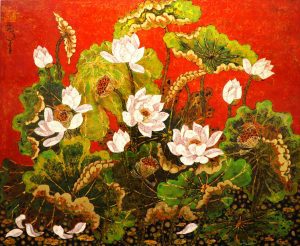 Lotus IX - Vietnamese Lacquer Paintings of Flower by Artist Tran Thieu Nam