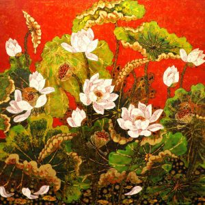 Lotus IX - Vietnamese Lacquer Paintings of Flower by Artist Tran Thieu Nam