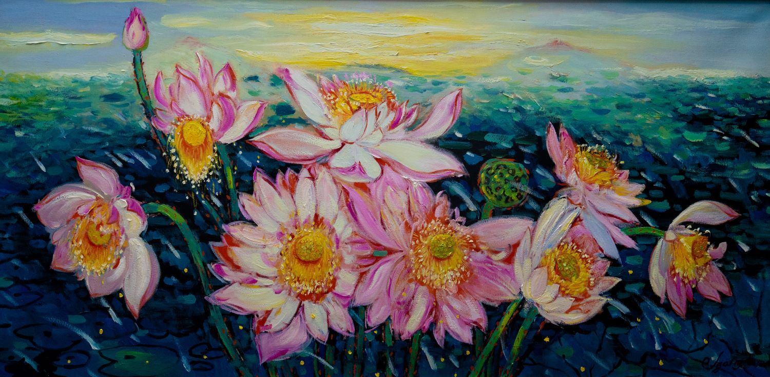 Lotus Pond - Vietnamese Oil Painting by Artist Dang Dinh Ngo