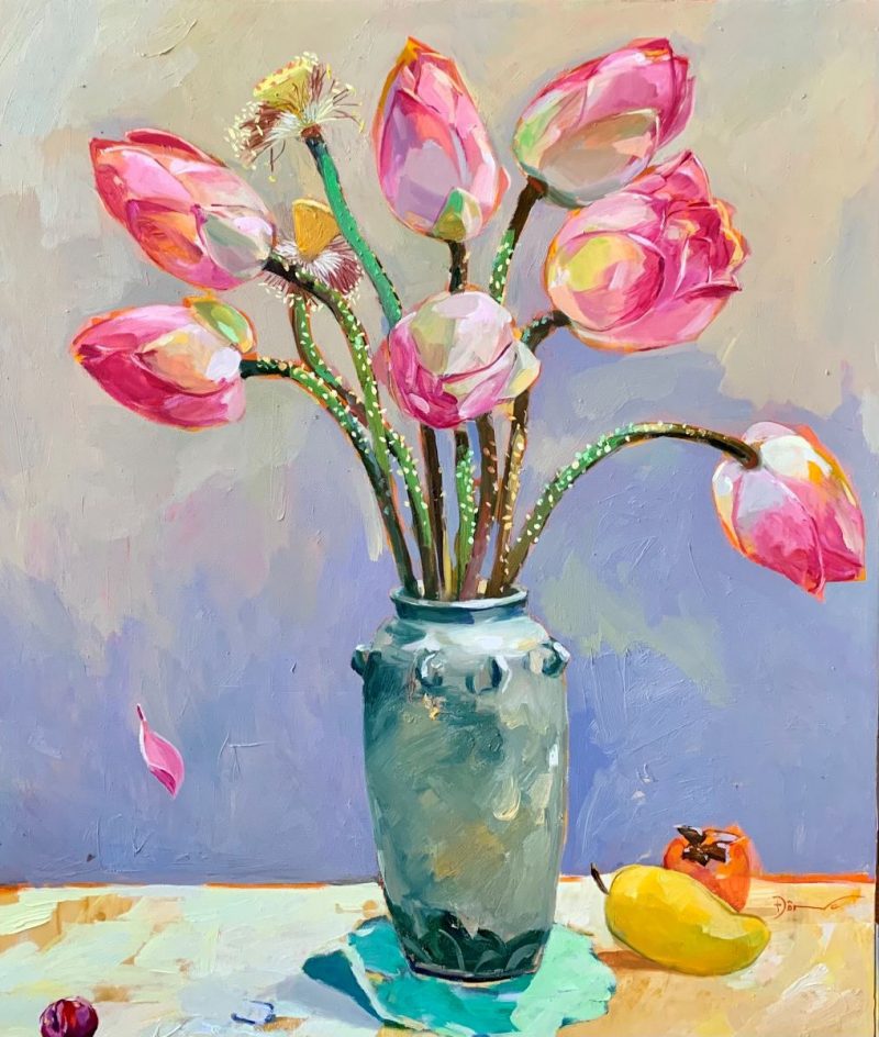 Still Life: Lotus - Vietnamese Oil Painting by Artist Dinh Dong