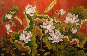 Lotus VIII - Vietnamese Lacquer Paintings of Flower by Artist Tran Thieu Nam