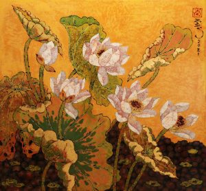 Lotus V - Vietnamese Lacquer Paintings Flower by Artist Tran Thieu Nam