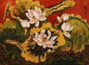 Lotus XI - Vietnamese Lacquer Paintings Flower by Artist Tran Thieu Nam