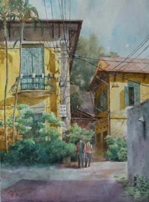 Crossing The Street Watercolor Painting By Artist Duc Tien