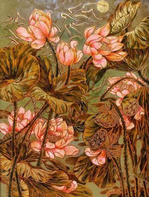 Pink Lotus I - Vietnamese Lacquer Painting by Artist Nguyen Hong Giang