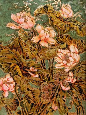 Early Lotus II - Vietnamese Lacquer Painting by Artist Nguyen Hong Giang