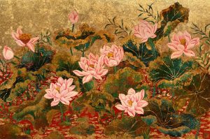 Pink Lotus - Vietnamese Lacquer Painting by Artist Ai Van