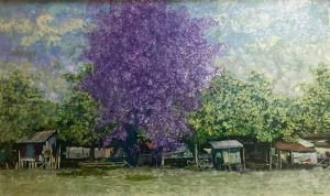 Poinciana in Purple - Vietnamese Lacquer Painting Landscape by artist Chu Viet Cuong