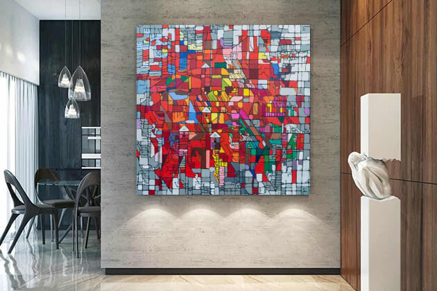 room with beautiful abstract paintings