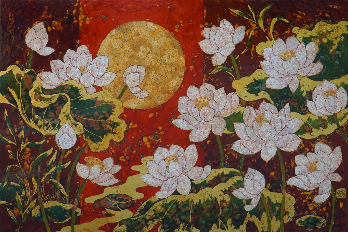 Moonlit Lotus - Vietnamese Lacquer Painting by Artist Chau Ai Van
