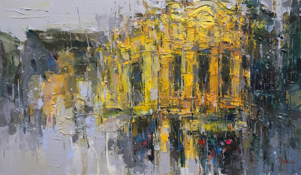 Street in Rain II - Vietnamese Oil Painting by Artist Pham Hoang Minh