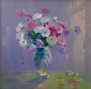 Still Life: Cosmos Flowers - Vietnamese Oil Painting by Artist Dinh Dong
