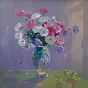 Still Life: Cosmos Flowers - Vietnamese Oil Painting by Artist Dinh Dong
