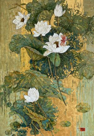 White Lotus 04 - Vietnamese Lacquer Paintings on Wood by Do Khai