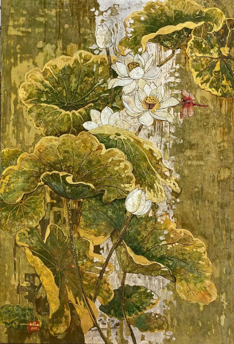 White Lotus 05 - Vietnamese Lacquer Paintings on Wood by Do Khai