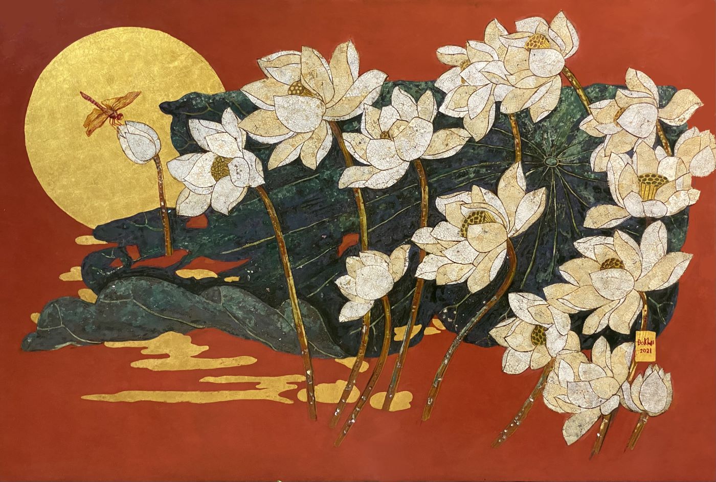 White Lotus 06 - Vietnamese Lacquer Paintings Flower by Artist Do Khai