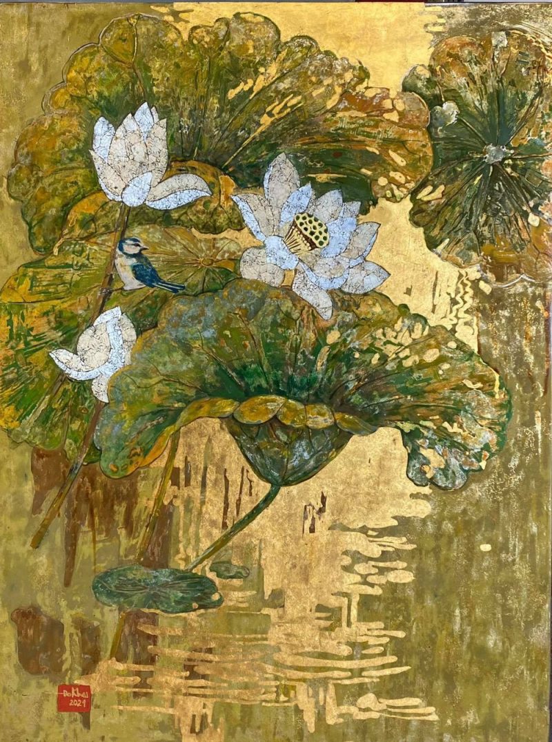 White Lotus 09 - Vietnamese Lacquer Paintings Flower by Artist Do Khai