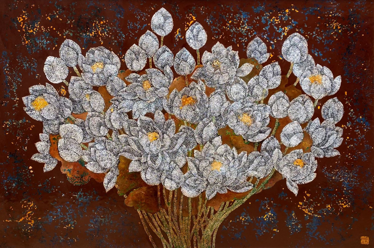 White Lotus - Vietnamese Lacquer Painting by Artist Ai Van