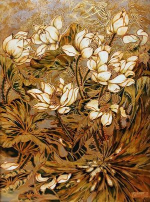 Early Lotus III - Vietnamese Lacquer Painting by Artist Nguyen Hong Giang