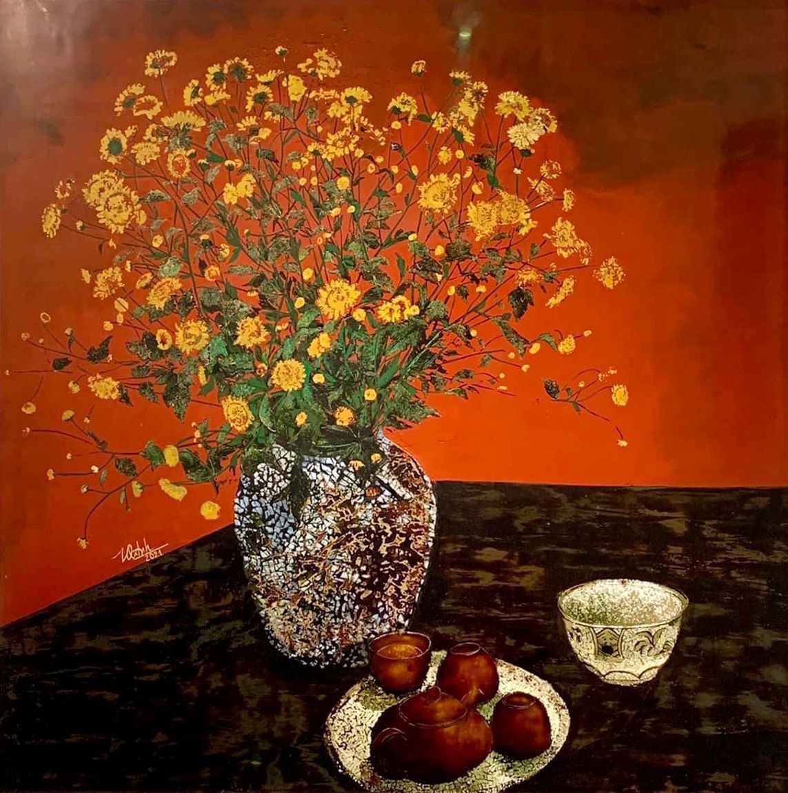 Yellow Daisy - Vietnamese Lacquer Painting Flower by Artist Trinh Que Anh